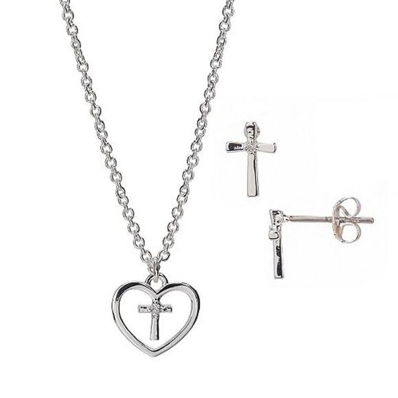 FAO Schwarz Open Heart Cross Pendant & Cross Earring Set in Fine Silver Plating - Picture 1 of 6